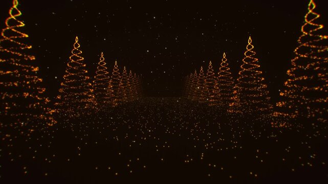Christmas tree forest formed by glowing orange wireframe particles in a dark 3D animation with falling snow effect for festive holiday backgrounds