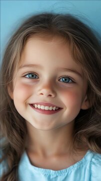 A young girl with long brown hair smiling for the camera. She has blue eyes and is wearing a light-colored top. Her expression is happy and innocent.