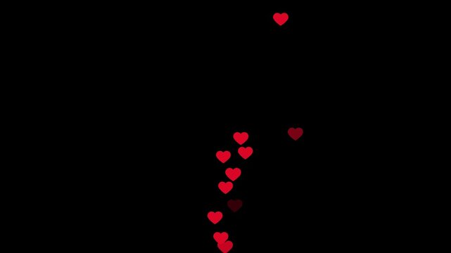 2026 Red Heart Particles Animation, Love explosion overlay Valentines day hearts icon falling animation, Romantic red heart flying 4k video. Alpha channel, transparent background. 4K resolution.