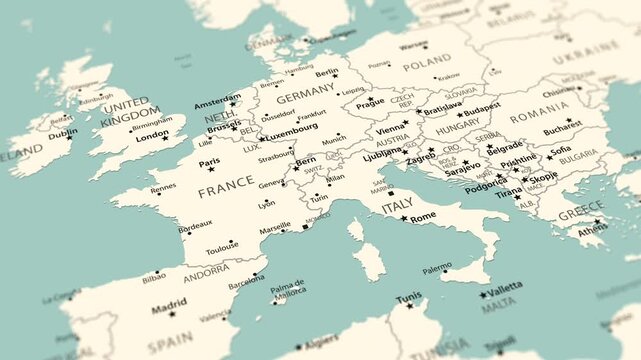 Europe. Political map with a smooth camera movement from Western Europe toward Eastern Europe.