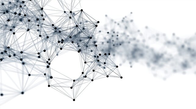 Intricate network of interconnected black dots and thin lines creates a sophisticated digital web structure against a clean white background
