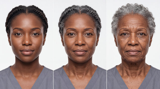 Aging progression of an African woman showing skin transformation from youth to elderly age