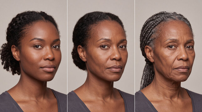 African woman aging process portrait showing facial changes from youth to senior stages