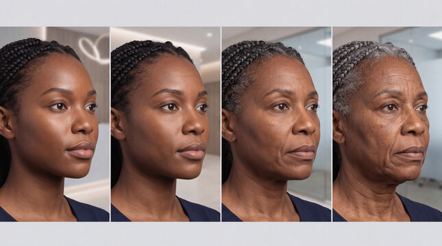 African woman showing facial aging process and skin transformation across four chronological stages