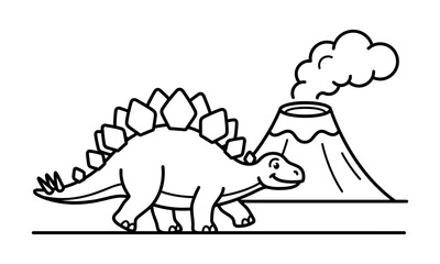 Stegosaurus dinosaur walking near a smoking volcano coloring page. Black and white outline prehistoric illustration for kids coloring book, activity sheet and printable educational worksheet. © MdMasum