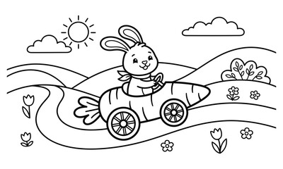 Cute bunny driving a carrot car in a spring field coloring page with sun and flowers. Black and white outline illustration for kids coloring book, activity sheet and printable worksheet.