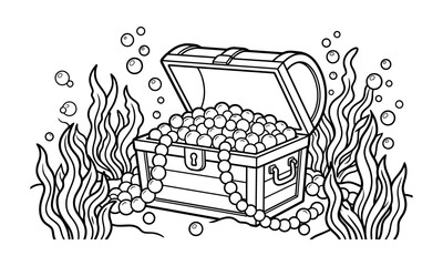 Open pirate treasure chest full of pearls on the ocean floor coloring page. Black and white outline underwater illustration for kids coloring book, activity sheet and printable worksheet.