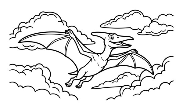 Cute flying pterodactyl dinosaur in the sky with clouds coloring page. Simple black and white outline prehistoric animal illustration for kids coloring book and activity sheet.
