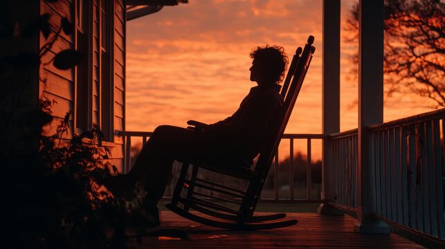 Person sitting in rocking chair on a peaceful porch watching a beautiful sunset, warm golden hour light, relaxing evening atmosphere, cozy outdoor living space and serene summer home lifestyle
