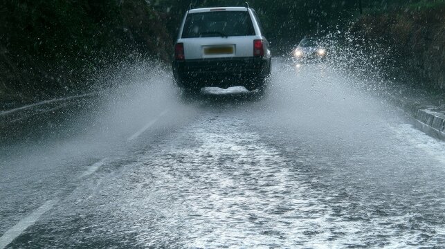 Car driving through rainwater on an uneven road, creating large splashes and spray, illustrating wet weather, poor road conditions, traffic safety, slippery surfaces, and urban transportation hazards