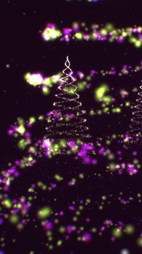 Christmas tree formed by green particle loops in a vertical motion background with chromatic glitch effects for seasonal tech content