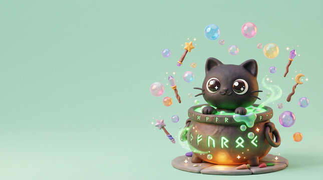 Adorable 3D clay render of a black cat popping out of a glowing magic cauldron with floating bubbles and wands, positioned on the right with copy space on a mint background.