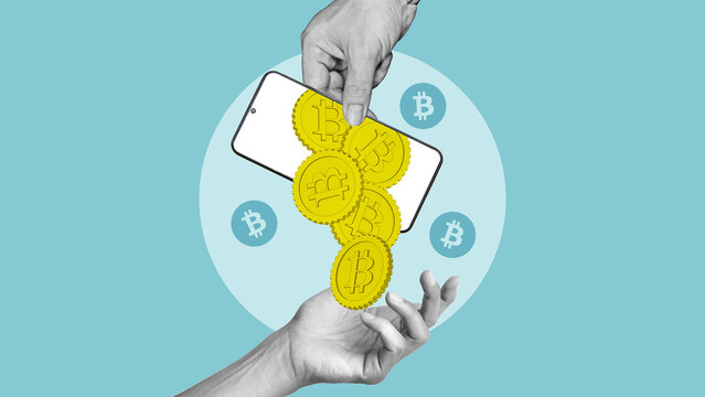 Bitcoin Payment and Cryptocurrency Transaction Through Mobile Smartphone, Digital Currency Transfer, Peer to Peer Payment, Blockchain Finance and Modern Electronic Money