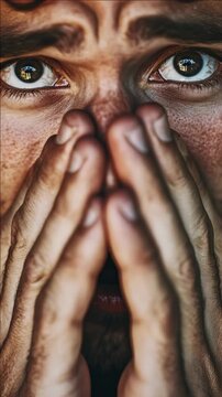 A man's hands are clasped over his face as he appears deeply engrossed in thought, possibly expressing sadness.