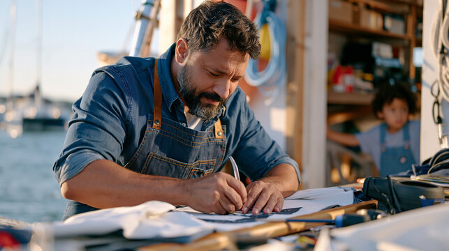 Weathered sailmaker stitches canvas on coastal dock in amber golden hour light, child watching through gap in workshop doorway at ground level, professor-tenure-system gravitas implied by decades of