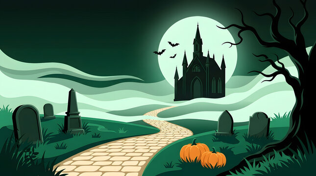 Green haunted graveyard scene with chapel and pumpkins under full moon
