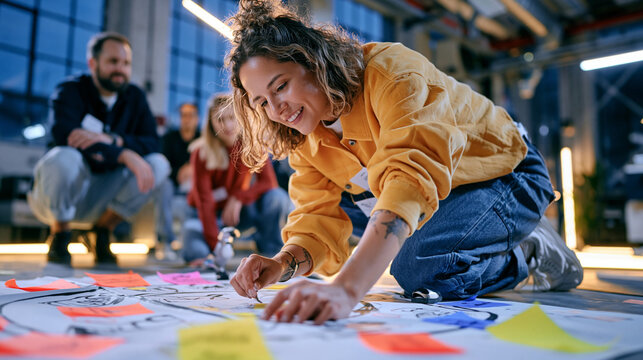 Workshop facilitator traces a product lifecycle circle on a large paper floor map at twilight in a converted warehouse, a small group of professionals kneeling around the diagram and adding sticky n