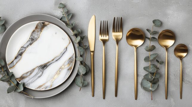 Elegant table setting on grey background, flat lay with sophisticated dining arrangement, stylish tableware, plates, cutlery, glasses, decorative elements, modern dining decor, refined hospitality con