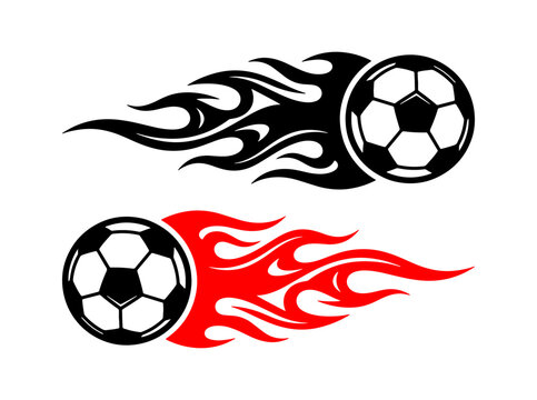 Dynamic soccer balls with fiery flames trailing behind them, representing passion and intense gameplay.