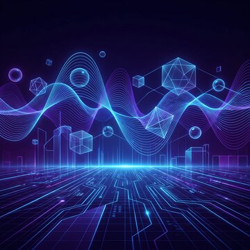 Futuristic wave patterns merge with geometric shapes above glowing circuit board floor in dark room.