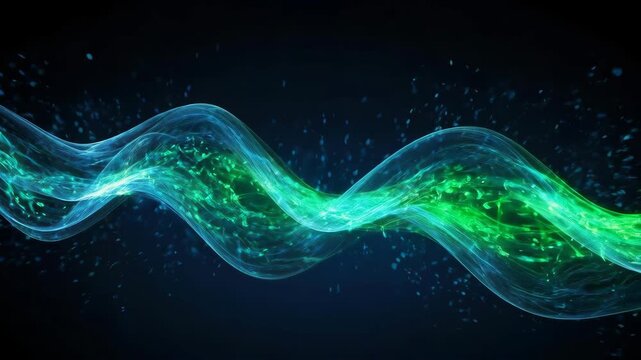 Abstract wave, glowing ribbon, neon green particles, blue light on dark background, energy flow