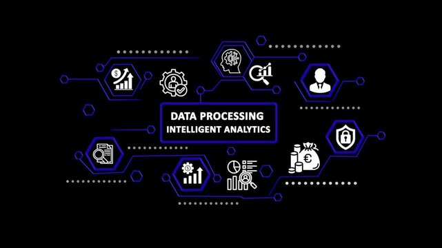 Data Processing Intelligent Analytics Animation with Business Technology Icons 4K Motion Graphics.