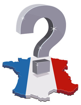 3D isometric map of France with flag texture and a large silver question mark representing national uncertainty, decision making, status inquiry, and political debate (cut out)