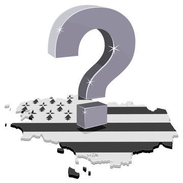 3D isometric map of Brittany with Breton flag texture and a large silver question mark representing regional uncertainty, decision making, status inquiry, and political debate (cut out)