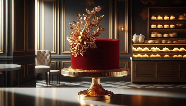 Red velvet cake with golden floral topper on pedestal in luxury bakery