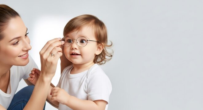Woman puts round glasses on toddler girl. Happy baby trying on new eyeglasses. Eyesight correction for child. Pediatric ophthalmology concept.