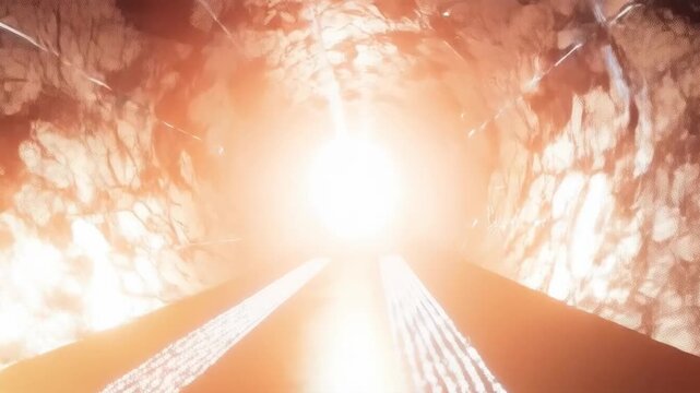 Abstract tunnel with bright light, road perspective and futuristic glowing path through dark