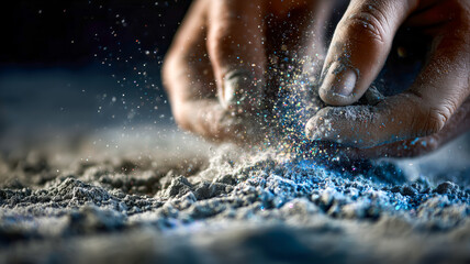 Fototapeta premium Fingers sifting through sparkling blue powder, a moment of creation
