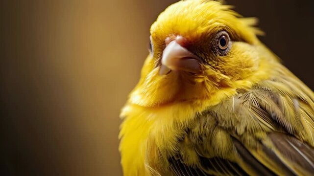 Yellow bird portrait, close up, soft light, warm background, feather detail, beak eye