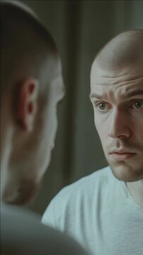 Man stares into mirror with intense, thoughtful expression. Soft lighting highlights his focused gaze and stubble. Close-up captures quiet contemplation and inner reflection