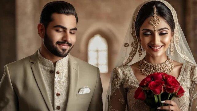 Traditional wedding couple portrait with bride and groom in church bouquet smile