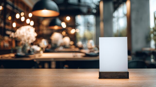 Blank menu frame mockup on acrylic tent card standing on a restaurant table, featuring a clean white sheet for inserting custom text, photos, food menus, promotions, or branding, with an elegant bar a