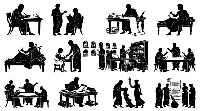 Ancient greek scholars and scribes writing on scrolls and studying manuscripts in libraries and academic environments