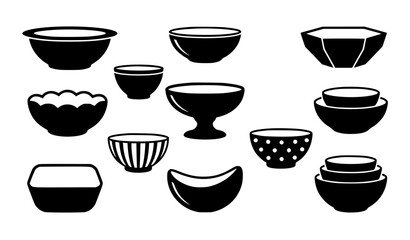 Fototapeta premium Diverse bowl silhouette vector collection for kitchenware and dining