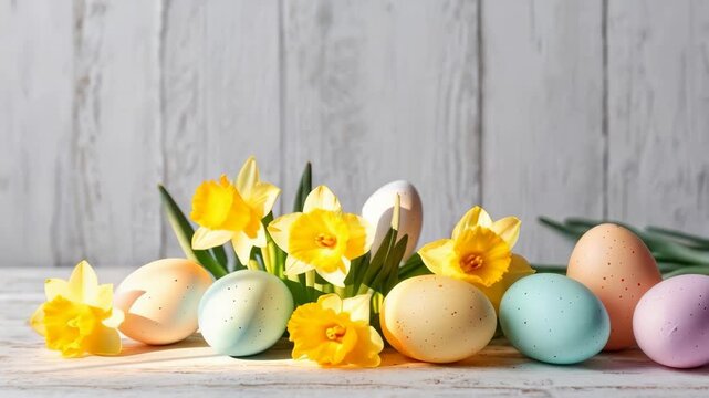 Spring Easter Eggs and Daffodil Flowers on Rustic Wooden Table with Pastel Egg Arrangement