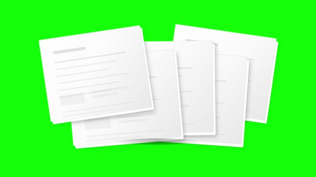 Stacked white document pages with generic text layout on green screen background
