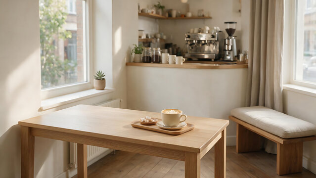 Minimal cafe cozy table sunlight warm wood interior calm morning latte art foam ceramic cup saucer sweet sugar window view plant bench soft light