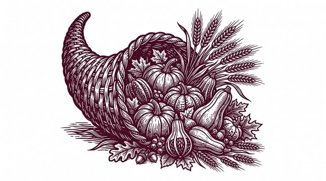 Vintage cornucopia illustration, horn of plenty with autumn pumpkins and wheat, rustic thanksgiving harvest bounty on white background