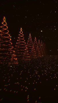 Christmas tree row with warm glowing orange particles and glitch dispersion in a vertical 3D render for festive smartphone screens