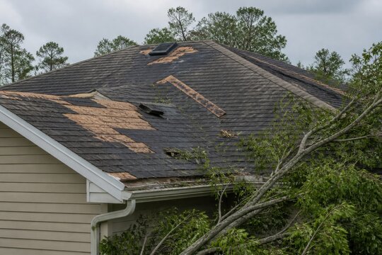Residential roof with missing shingles and exposed underlayment after destructive hurricane winds for disaster risk and resilience campaigns