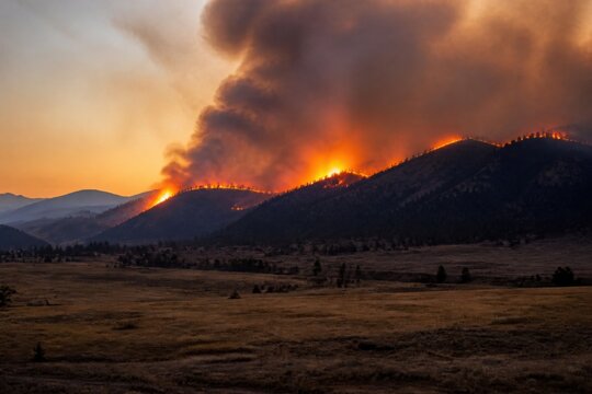 Distant wildfire burning across a dry forest ridge beneath a massive smoke column for wildfire preparedness, property protection and climate campaigns