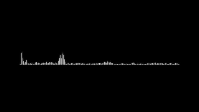 White audio waveform spectrum animation. Sound waves on black background, digital sound wave motion with abstract equaliser bars and futuristic audio virtualisation 4k video.