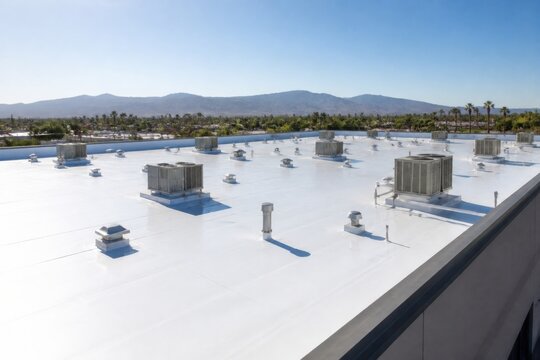 Reflective commercial roof reducing building heat exposure during an urban heatwave for drought resilience, water conservation and climate campaigns