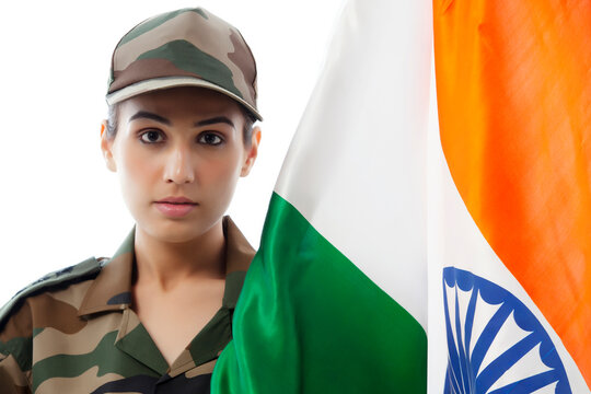 Portrait of female soldier with Indian flag against white background 