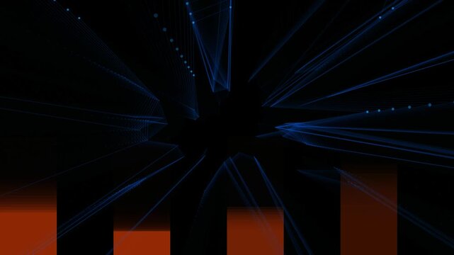 An abstract digital background featuring blue glowing light beams and rising bar graphs against a black void. This futuristic animation shows complex network connections and data growth trends in moti