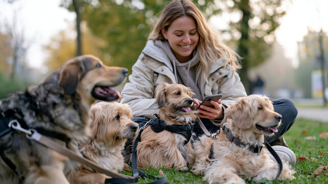 A solitary pet sitter wrapped in a light jacket sits cross-legged in an early morning misty park, surrounded by three leashed dogs of different breeds all looking in separate directions as she scrol